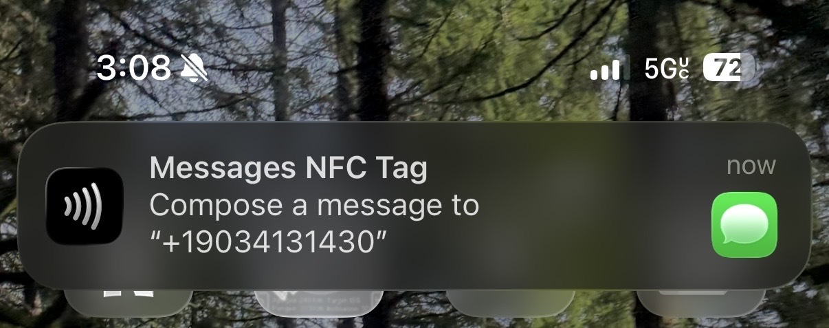 iOS notification banner shown after tapping a TapIQ card: Messages NFC Tag — Compose a message